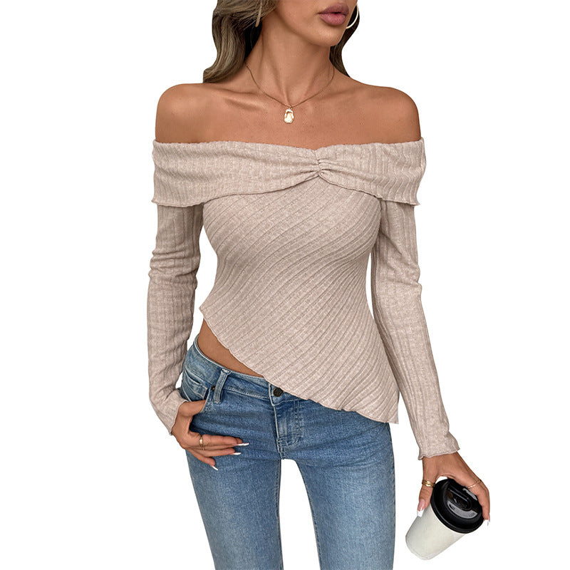 Women's Knitted Solid Color Long Sleeve Off Shoulder Irregular Hem
