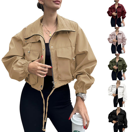 Solid Color Women's Short Jacket Zipper Trench Coat