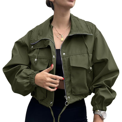 Solid Color Women's Short Jacket Zipper Trench Coat