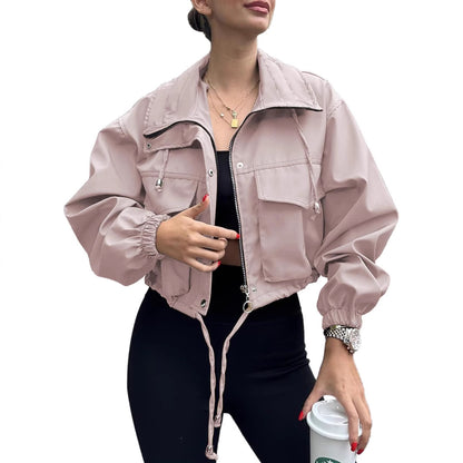 Solid Color Women's Short Jacket Zipper Trench Coat