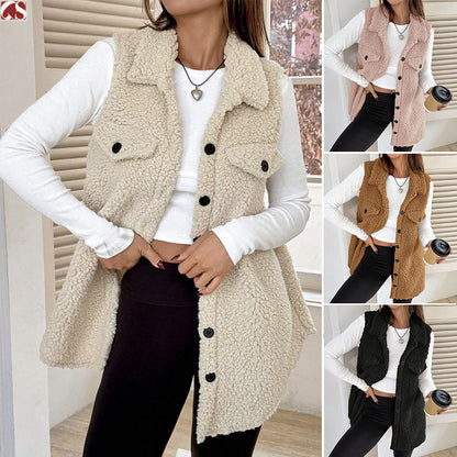 Lapels Open Button Plush Vest Cardigan