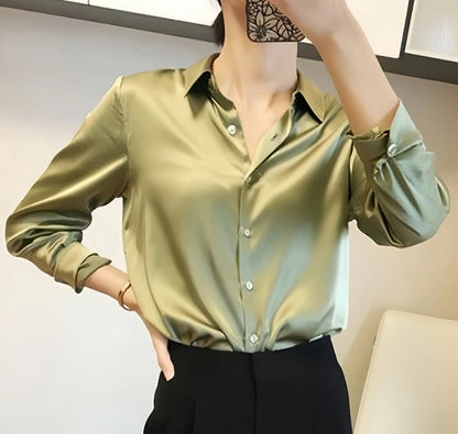 Women's High-grade Green Satin Shirt