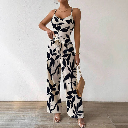 Fashion Floral Print Jumpsuit Elastic Waist Belt Jumpsuit