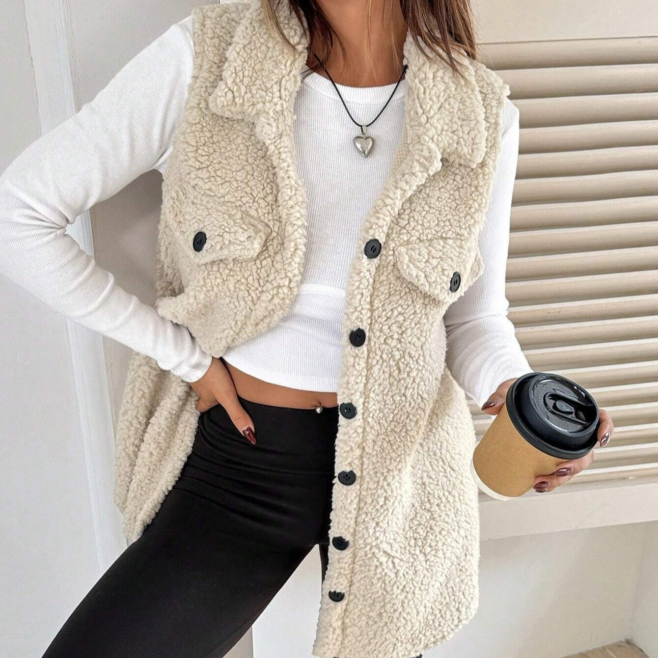 Lapels Open Button Plush Vest Cardigan