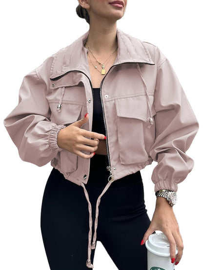 Solid Color Women's Short Jacket Zipper Trench Coat