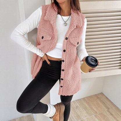 Lapels Open Button Plush Vest Cardigan