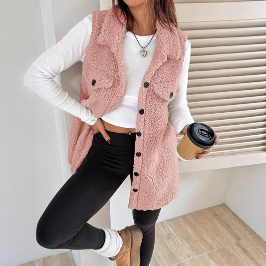 Lapels Open Button Plush Vest Cardigan