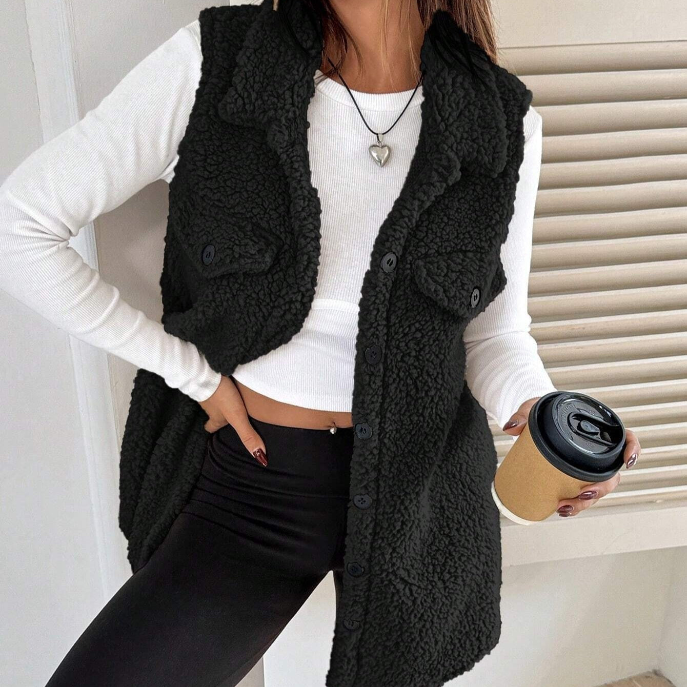 Lapels Open Button Plush Vest Cardigan