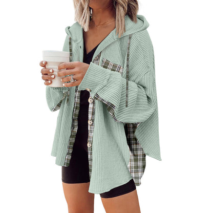 Plaid Casual Hooded Drawstring Coat