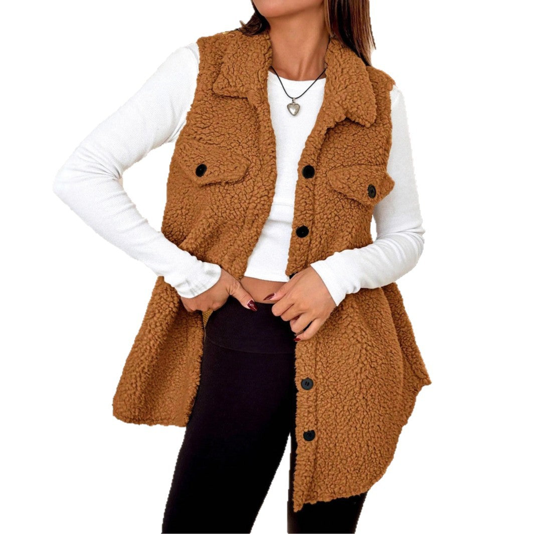 Lapels Open Button Plush Vest Cardigan