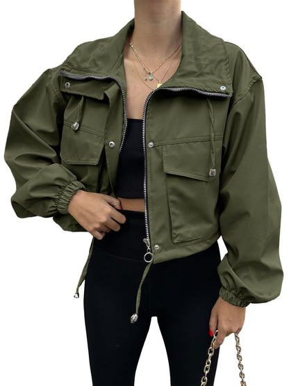 Solid Color Women's Short Jacket Zipper Trench Coat