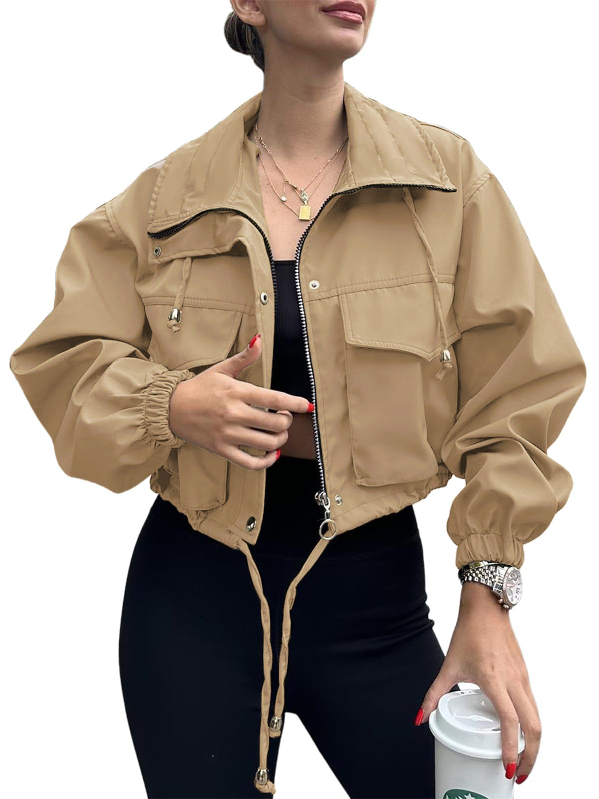 Solid Color Women's Short Jacket Zipper Trench Coat