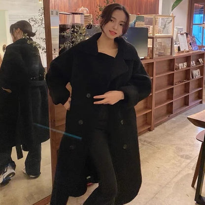 Gentle Elegant Lapel Double-breasted Loose All-match Long-sleeved Lamb Wool Coat