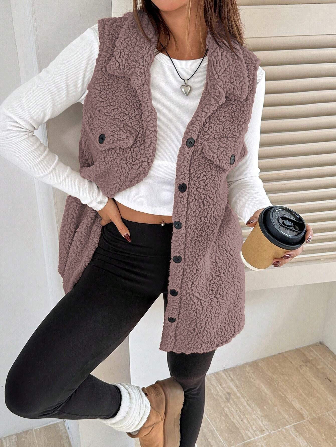 Lapels Open Button Plush Vest Cardigan