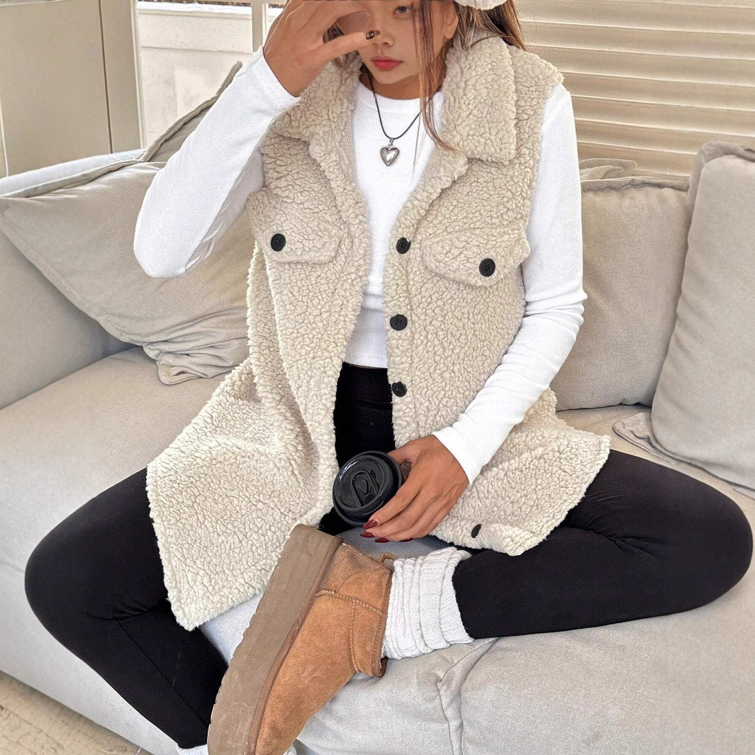 Lapels Open Button Plush Vest Cardigan