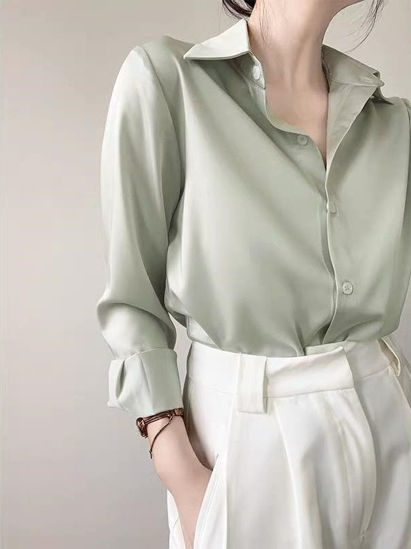 Women's High-grade Green Satin Shirt
