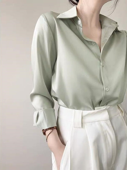 Women's High-grade Green Satin Shirt